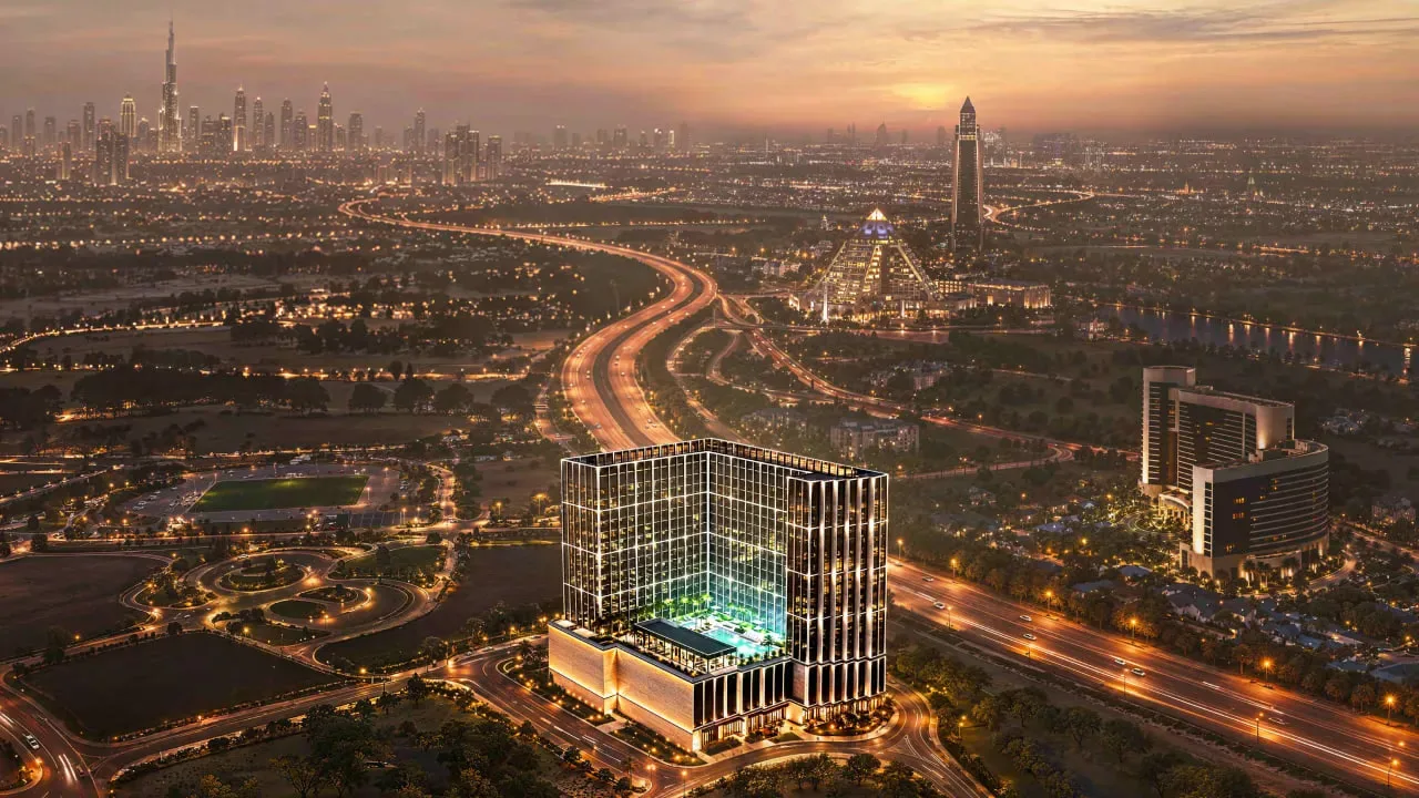 binghatti-starfall-aerial-dusk-skyline Aerial dusk view of Binghatti Starfall with pool terrace and Dubai skyline