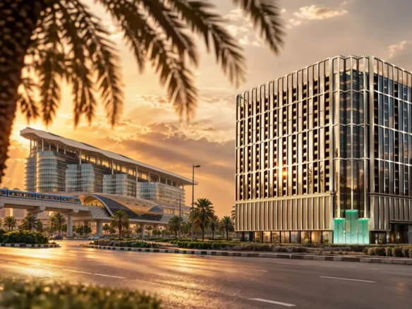 Binghatti Starfall at sunset beside Dubai Metro in Al Jaddaf