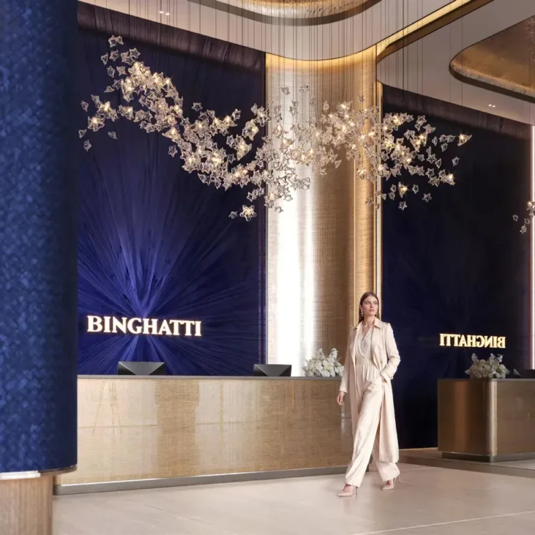 Binghatti Starfall reception lobby with Binghatti branding