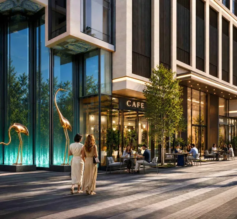 Binghatti Starfall ground-floor retail promenade and café